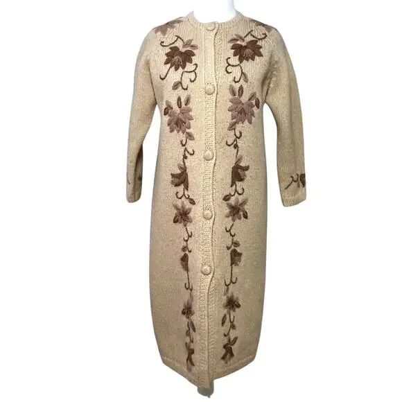SOLD SOLD 1960s Wool Embroidered Long Cardigan Sweater Granny Boho Cottage SM - Picture 2 of 15